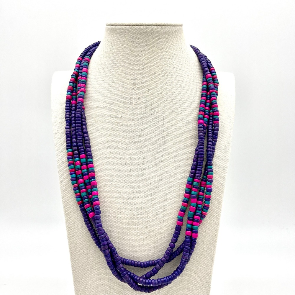 Vintage Beaded Necklace Purple Pink‎ Teal Wood Boho Hippie Layered Statement
